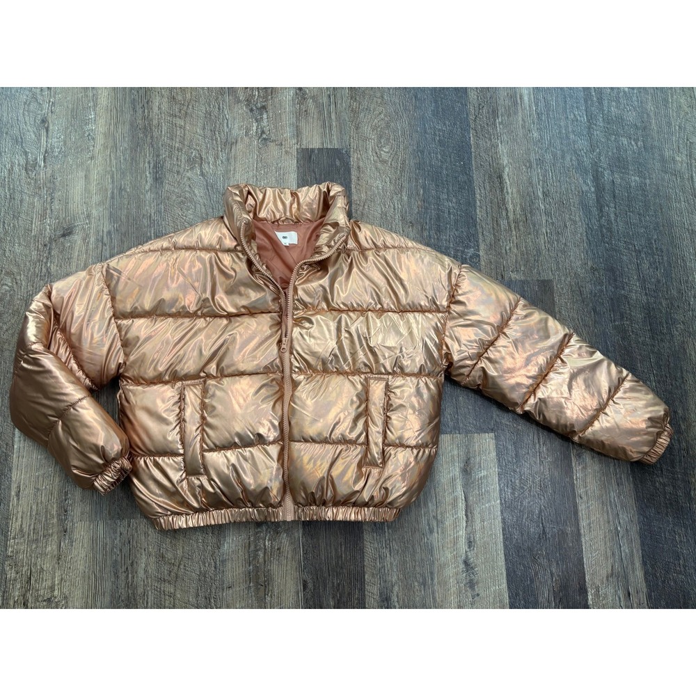 BP Nordstrom Metallic Rose Gold Puffer Jacket Iridescent Quilted Coat M RN58665
